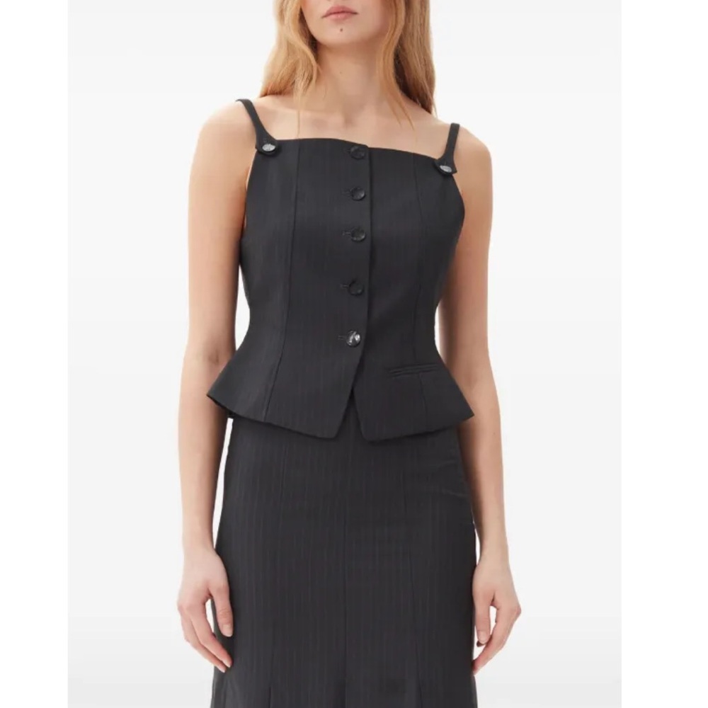 Ganni Black Pinstripe Button-Front Peplum Cami
